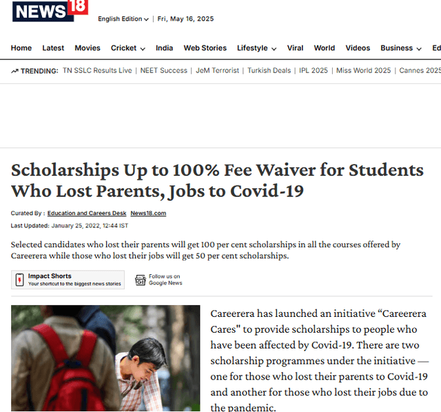 Scholarships Up to 100% Fee Waiver for Students Who Lost Parents, Jobs to Covid-19