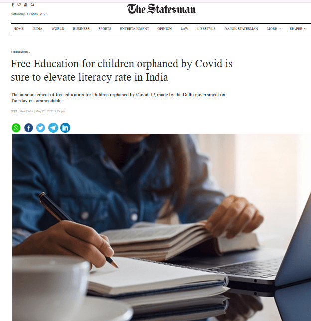 Free Education for children orphaned by Covid is sure to elevate literacy rate in India